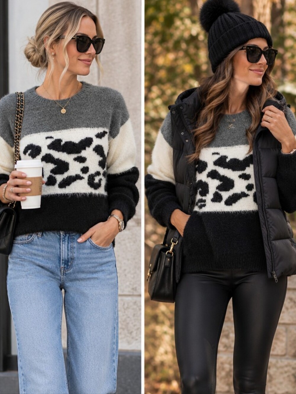 entro Black, Gray & White Leopard-Panel Crewneck Sweater